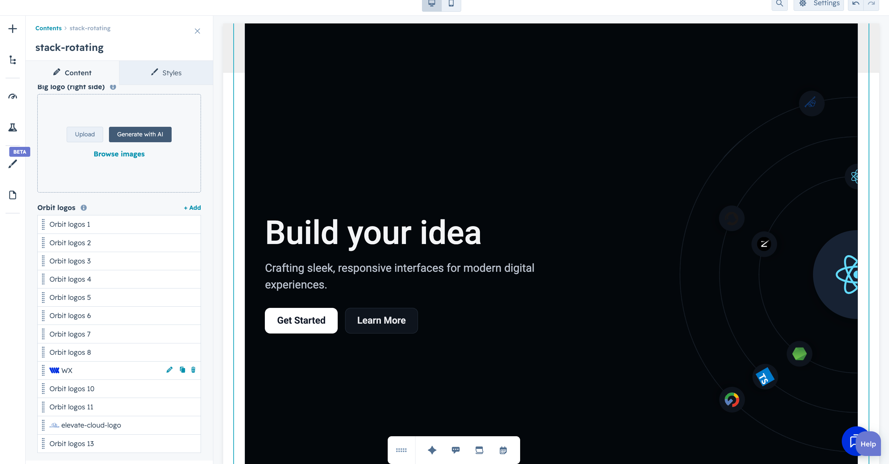 Changeable Items allowing users to add or replace technology logos, brand icons, or custom images.